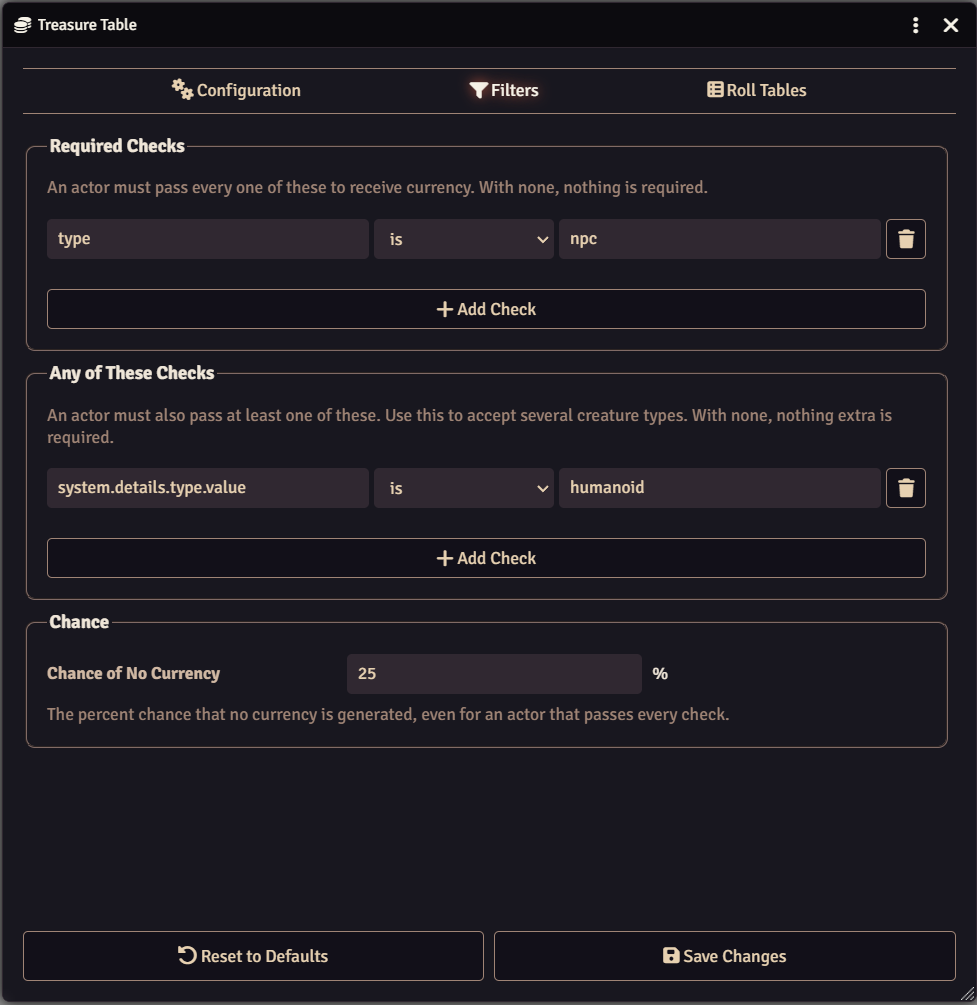 Filters tab